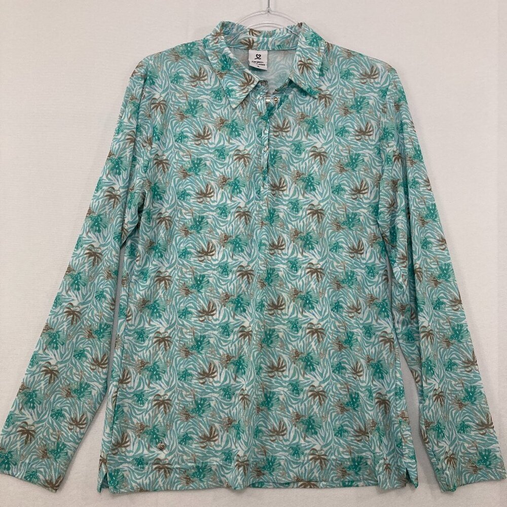 Daily Sports size XL Blue Brown Palm Tree Long Sleeve Polo Shirt Activewear